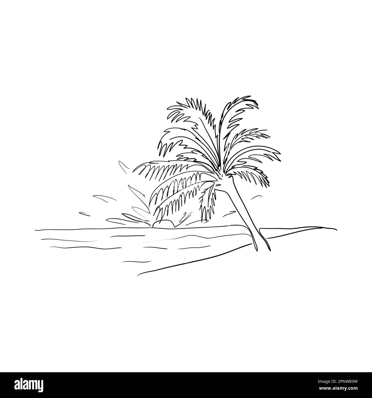 Spiaggia con palme. Tramonto sul mare. Una riga.Stock vettoriale illustrazione.Stampa. Illustrazione Vettoriale