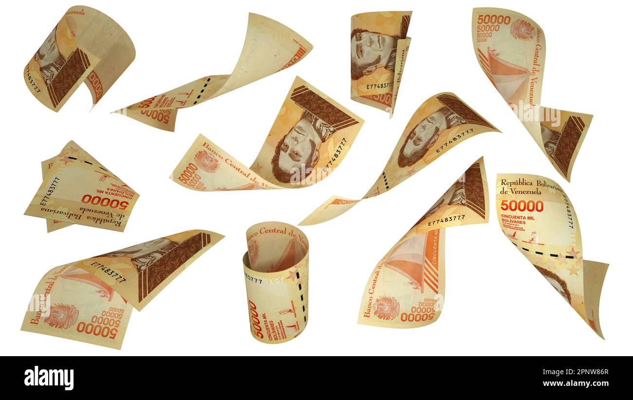 3D rendering di set di bolivar venezuelani che volano in angoli e orientamenti diversi isolati su sfondo bianco Foto Stock