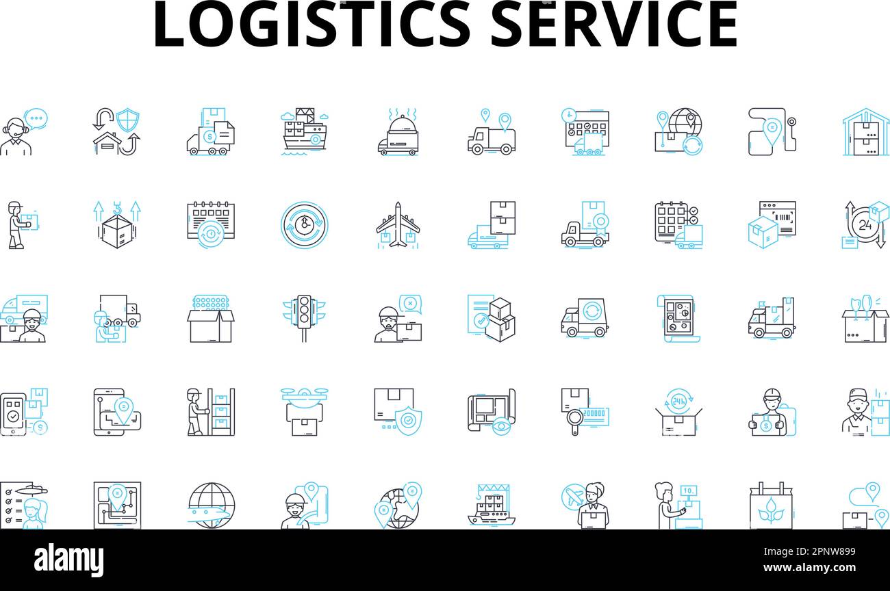 Set di icone lineari del servizio logistico. Trasporto, immagazzinamento, distribuzione, catena di approvvigionamento, inventario, Trasporto, simboli vettore di spedizione e linea Illustrazione Vettoriale