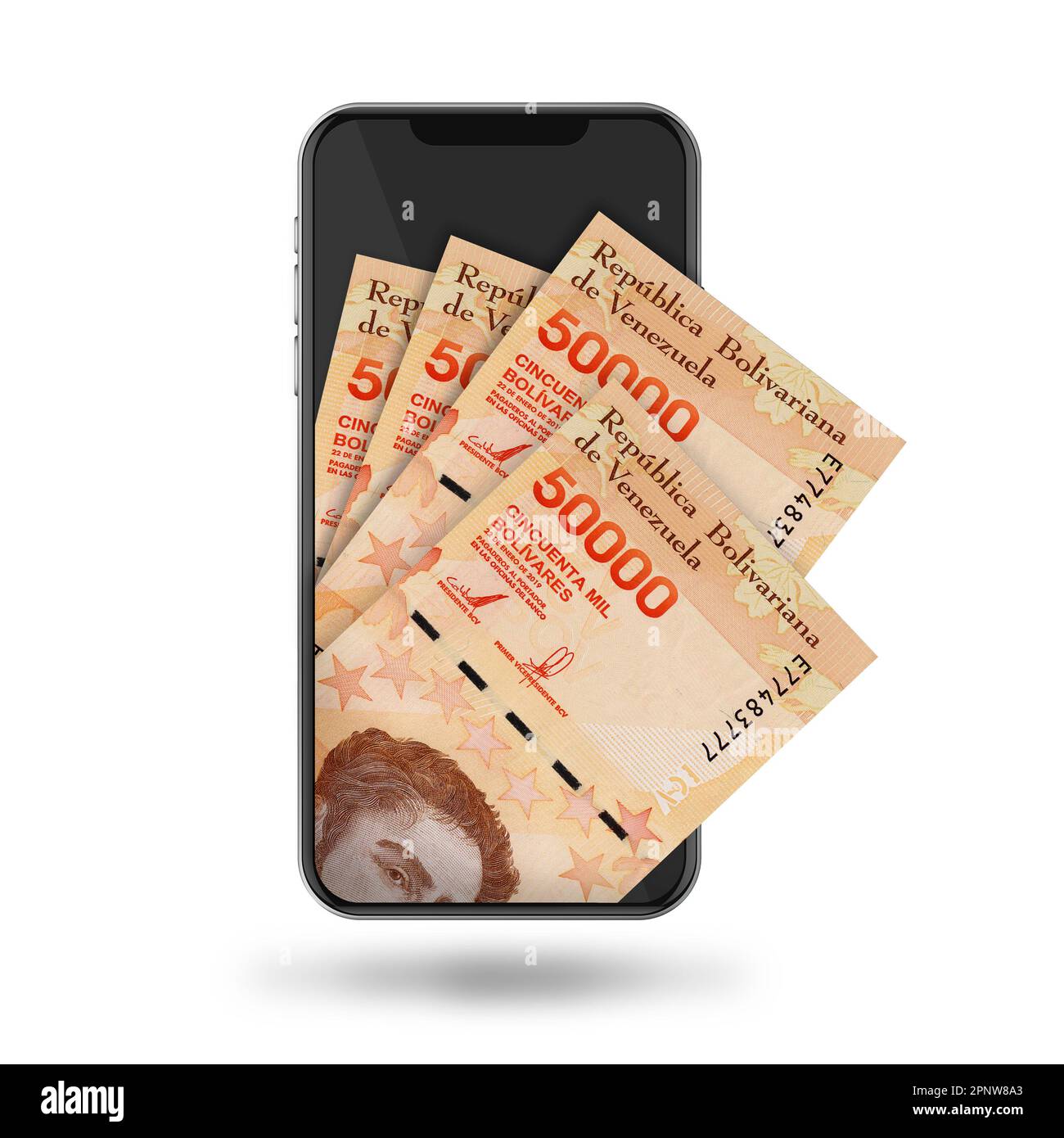 3D Illustrazione delle note bolivar venezuelane all'interno del telefono cellulare Foto Stock