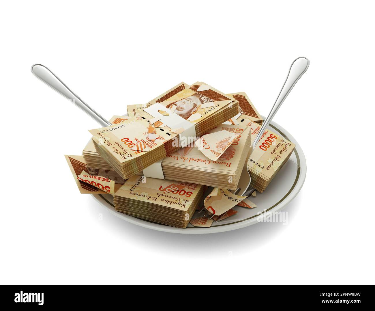 3D rendering di note bolivar venezuelane su piastra. Denaro speso per il concetto di cibo. Il concetto di spesa per cibo, pasti costosi, denaro da spendere. mangiare soldi, m Foto Stock