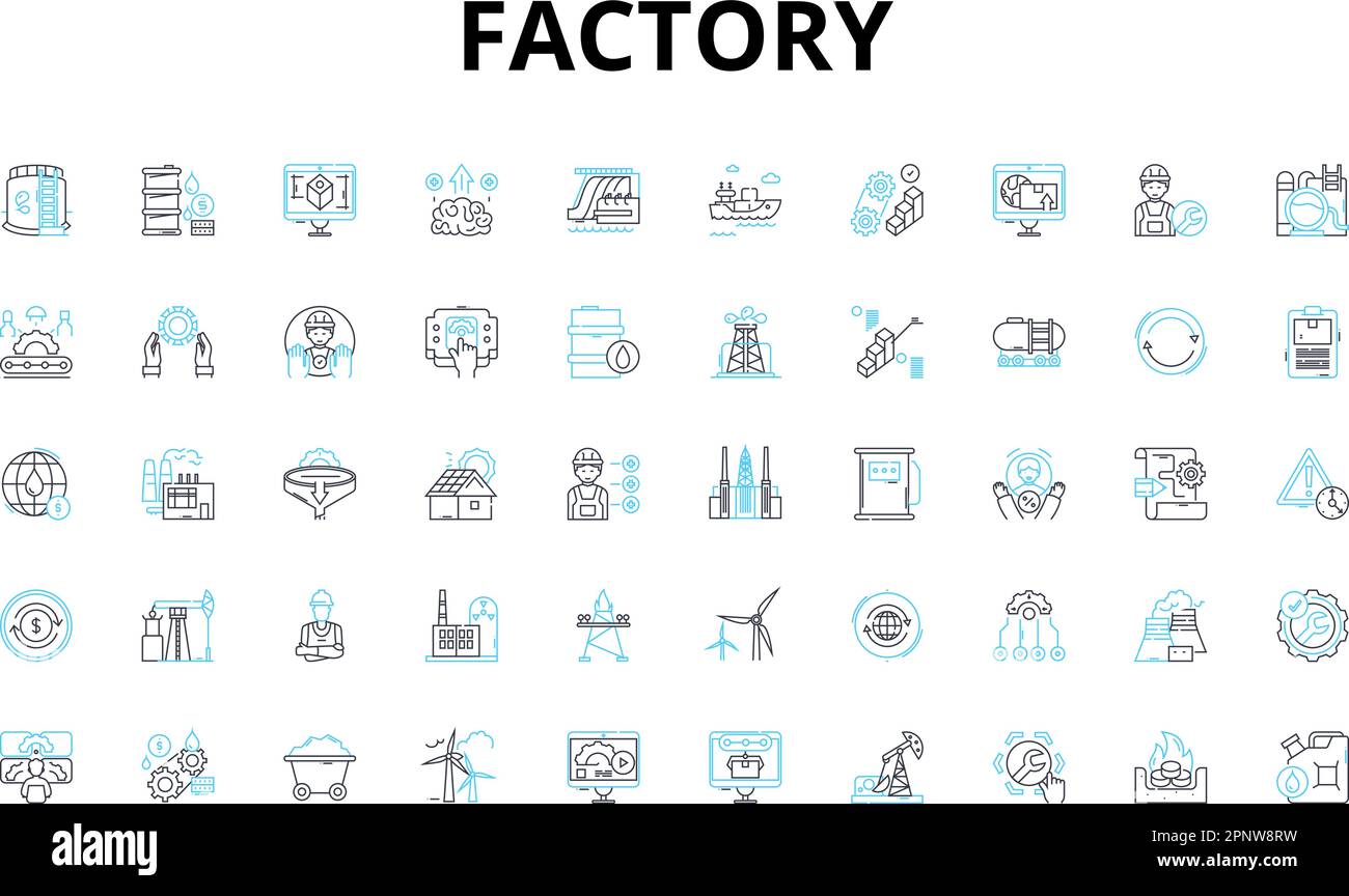 Icone lineari impostate in fabbrica. Produzione, macchinari, industriale, produzione, assemblaggio, Workshop, simboli vettoriali di automazione e segnali di concetto di linea Illustrazione Vettoriale
