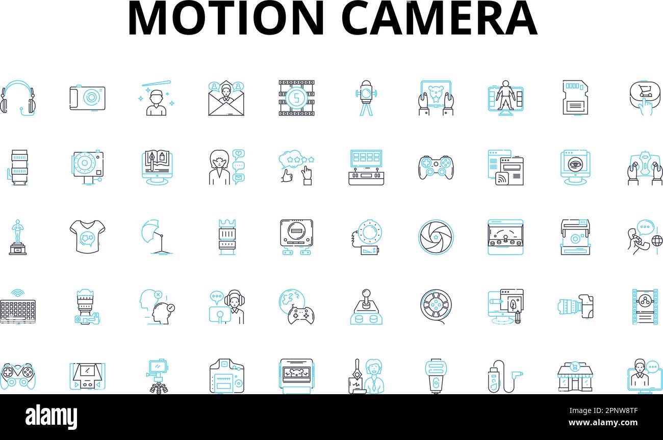 Icone lineari della telecamera di movimento impostate. Azione, Avventura, impermeabile, durata, qualità, Ciclismo, simboli vettoriali escursionistici e segnali di concetto di linea Illustrazione Vettoriale
