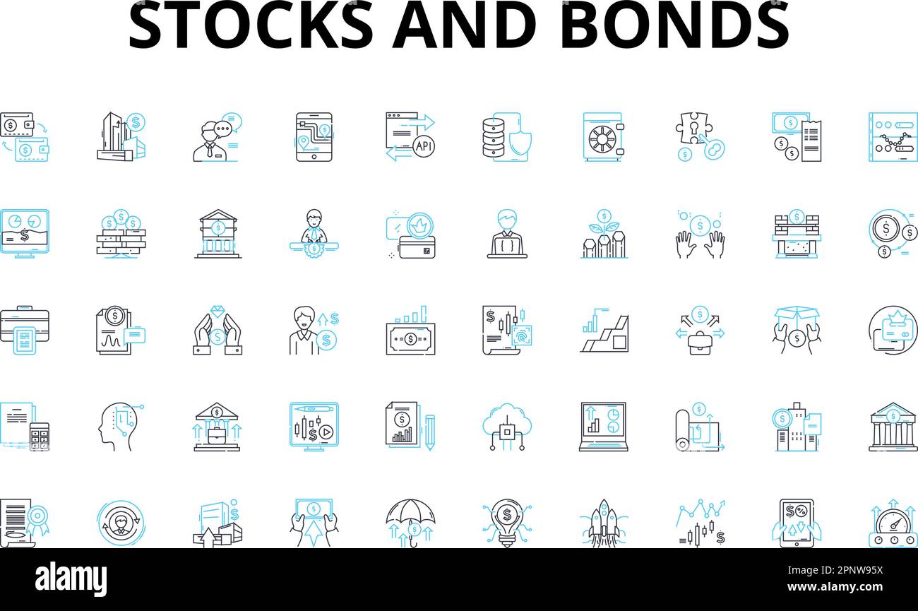 Set di icone lineari di titoli e obbligazioni. Asset, Dividend, portafoglio, titoli, rendimento, Trading, simboli vettoriali di investimento e segni di concetto di linea. Equità Illustrazione Vettoriale