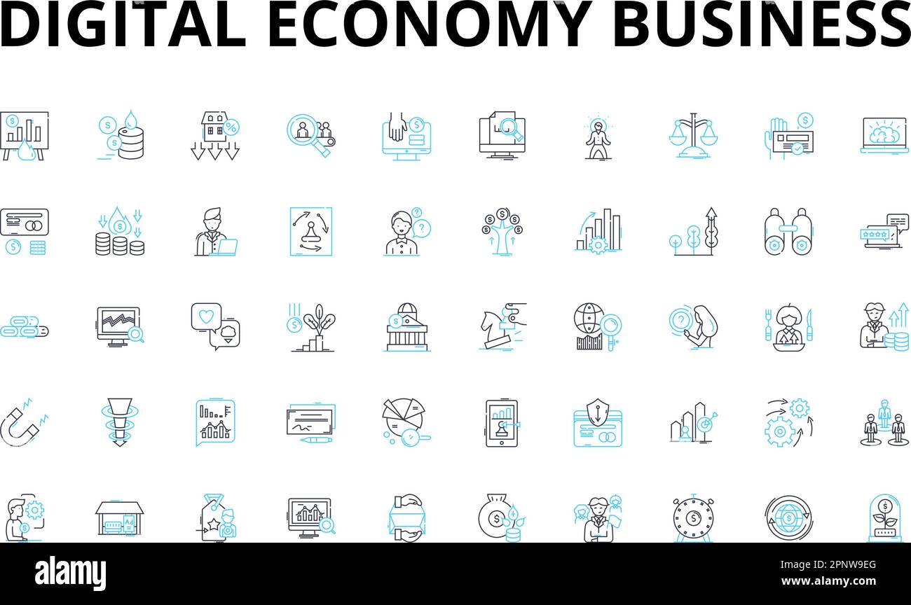 Set di icone lineari per l'economia digitale. Innovazione, e-commerce, Startup, Cryptocurrency, Blockchain, Automazione, simboli vettoriali dei big data e linee Illustrazione Vettoriale