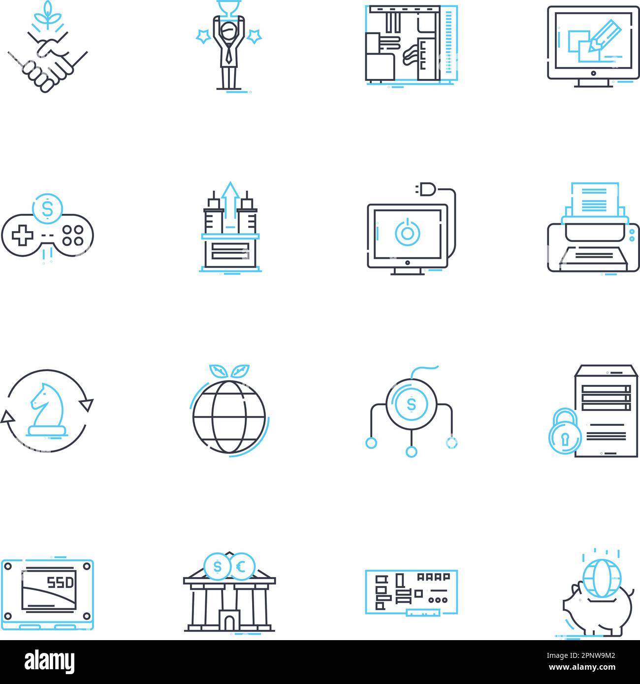 Internet trading icone lineari set. E-commerce, investire, Forex, criptovaluta, shopping online, borsa, vettore di linea di borsa e concetto Illustrazione Vettoriale