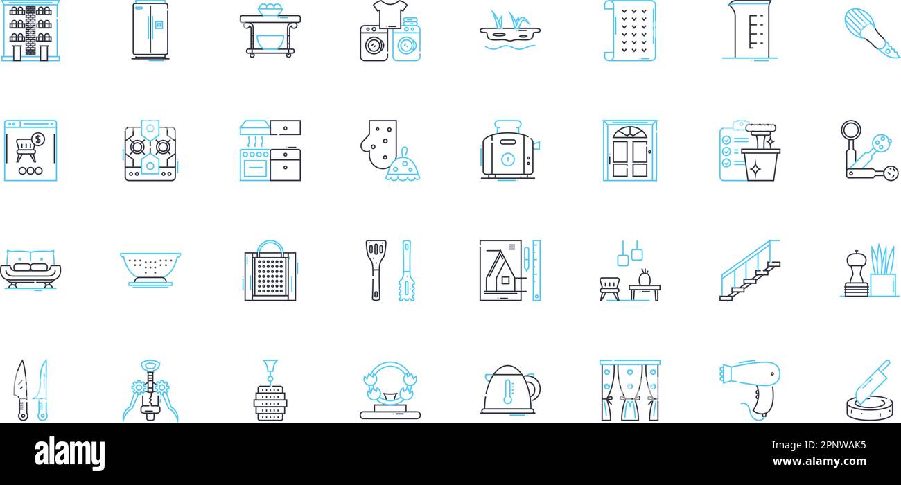 Home abbellimento icone lineari set. Arredamento, stile, Comfort, eleganza, Chic, Linee sofisticate e calde e segni concettuali. Serenità, zen, capriccio Illustrazione Vettoriale