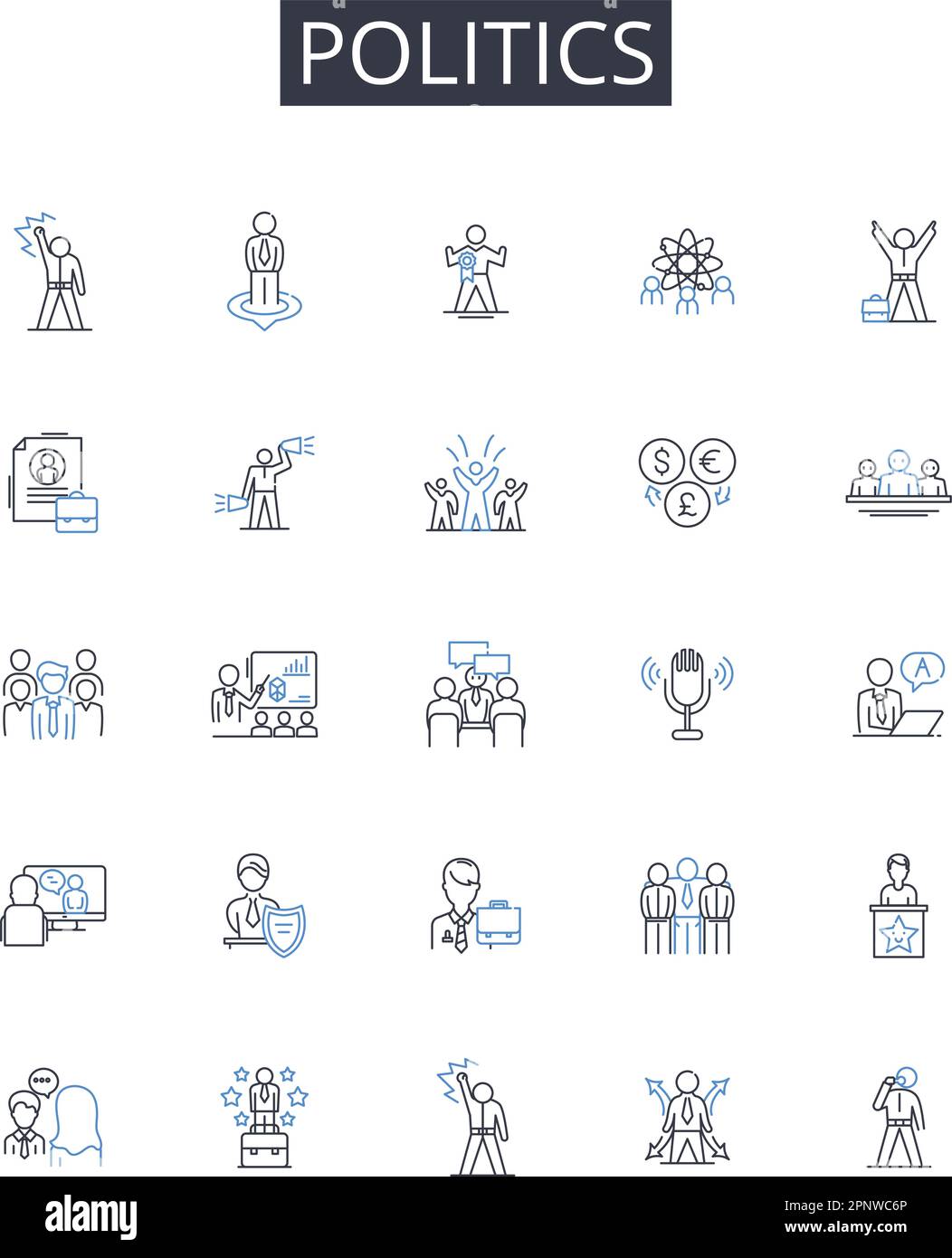 Collezione icone linea politica. Affari governativi, statecraft, Affari pubblici, società civica, scienza politica, Interesse nazionale, Politica pubblica Illustrazione Vettoriale