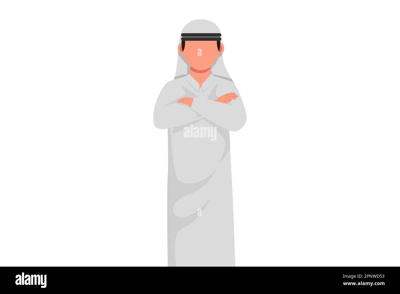 Disegno di disegno di affari sorridente giovane uomo d'affari arabo sicuro con mantenere il braccio attraversato. Dirigente maschio attivo o lavoratore dell'ufficio in piedi con piegato A. Foto Stock