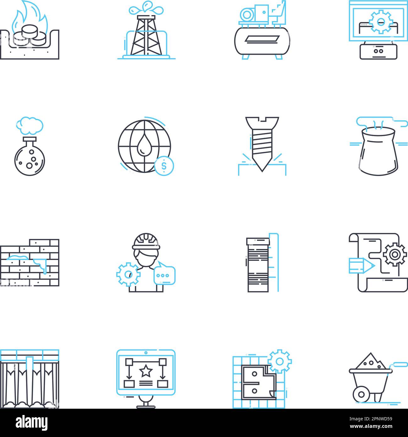 Set di icone lineari per ingegneria chimica. Reattore, catalizzatore, polimero, distillazione, sintesi, Ioni, vettore di linea di cristallizzazione e segni concettuali Illustrazione Vettoriale