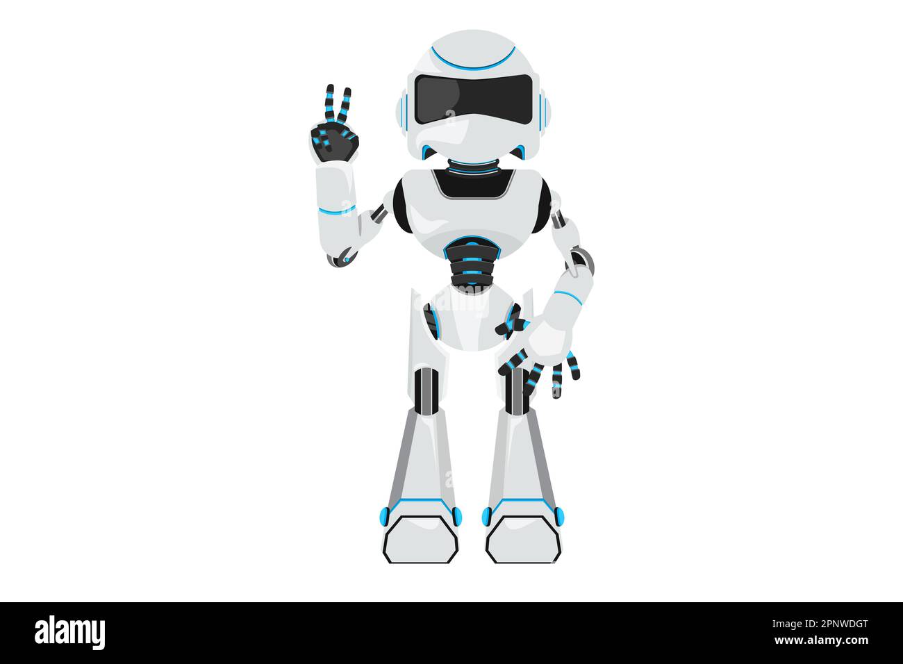 Robot di disegno di disegno di disegno di affari che mostra il segno di vittoria. Simbolo di successo e di pace. Sviluppo tecnologico futuro. Intelligenza artificiale e macchina le Foto Stock