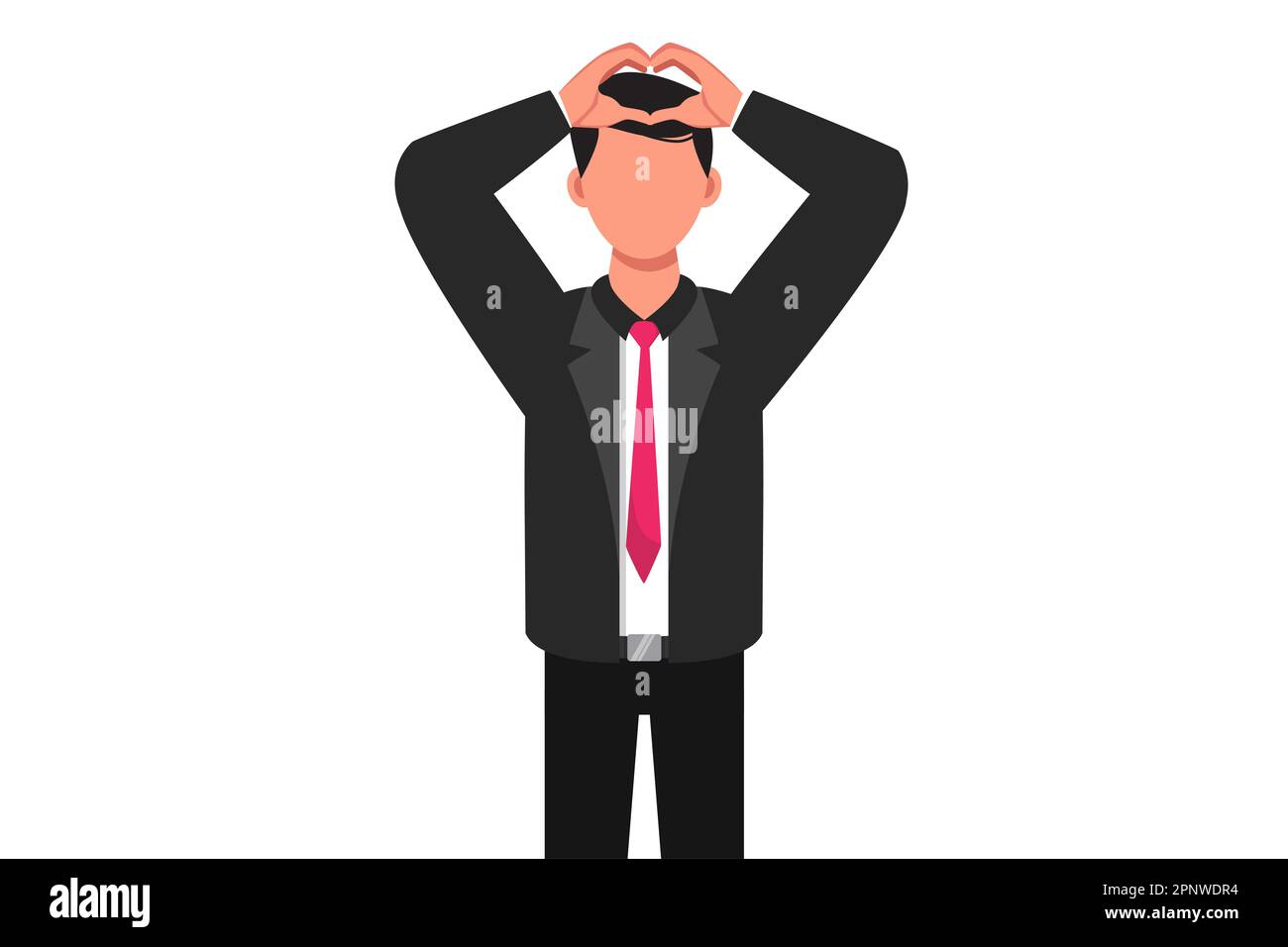 Business flat cartone animato stile disegno uomo d'affari mostrando cuori segno con le mani esprimendo amore, sostegno, cura. Uomo mostra segno d'amore gesto con due pinne Foto Stock