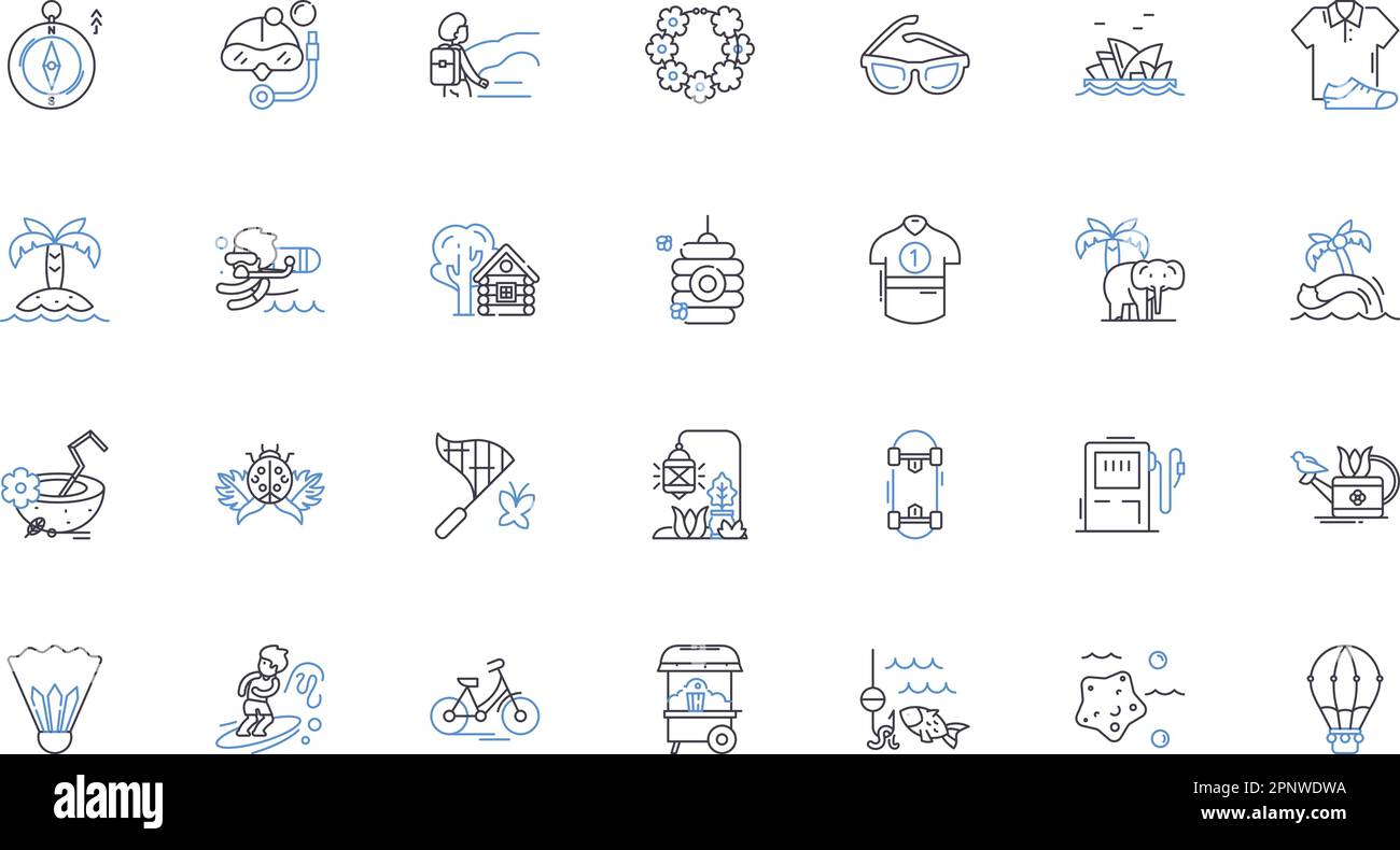 Collezione di icone della linea di vacanza tropicale. Spiaggia, palme, crema solare, Isola, Paradiso, Calore, vettore di rilassamento e illustrazione lineare. Cocktail Illustrazione Vettoriale