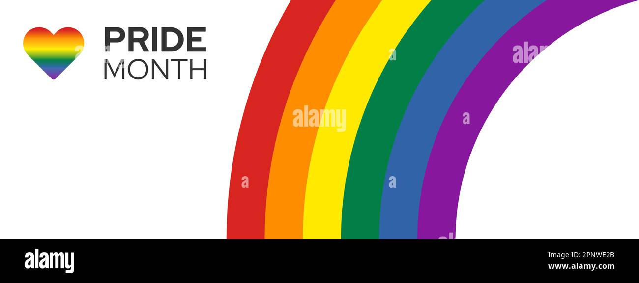 Sfondo banner del mese di orgoglio. Arcobaleno, forma del cuore e testo. Illustrazione vettoriale Illustrazione Vettoriale
