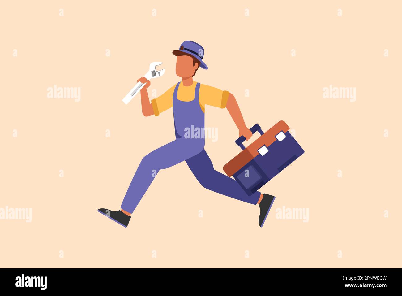 Business piano cartone animato stile disegno meccanico riparatore lavoratori con strumenti è in esecuzione. Servizio tecnico. Idraulico con chiave a bussola e cassetta attrezzi per Foto Stock