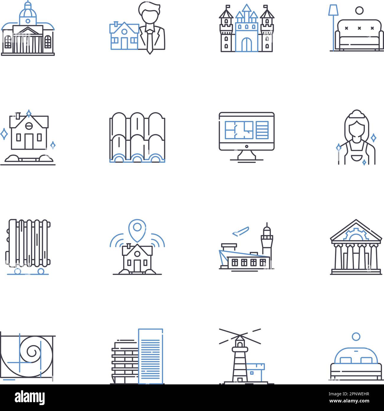 Collezione di icone della linea delle case mobili. Prodotto, economico, compatto, portatile, comodo, Illustrazione modulare, vettoriale di parcheggio e lineare. Comunità Illustrazione Vettoriale