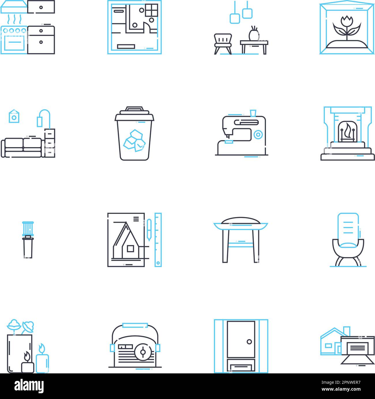 Set di icone lineari abitazioni. Casa, Castello, Mansion, Cabin, tipi, Yurt, vettore di linea Treehouse e segnali concettuali. Appartamento, Condo, Bungalow profilo Illustrazione Vettoriale