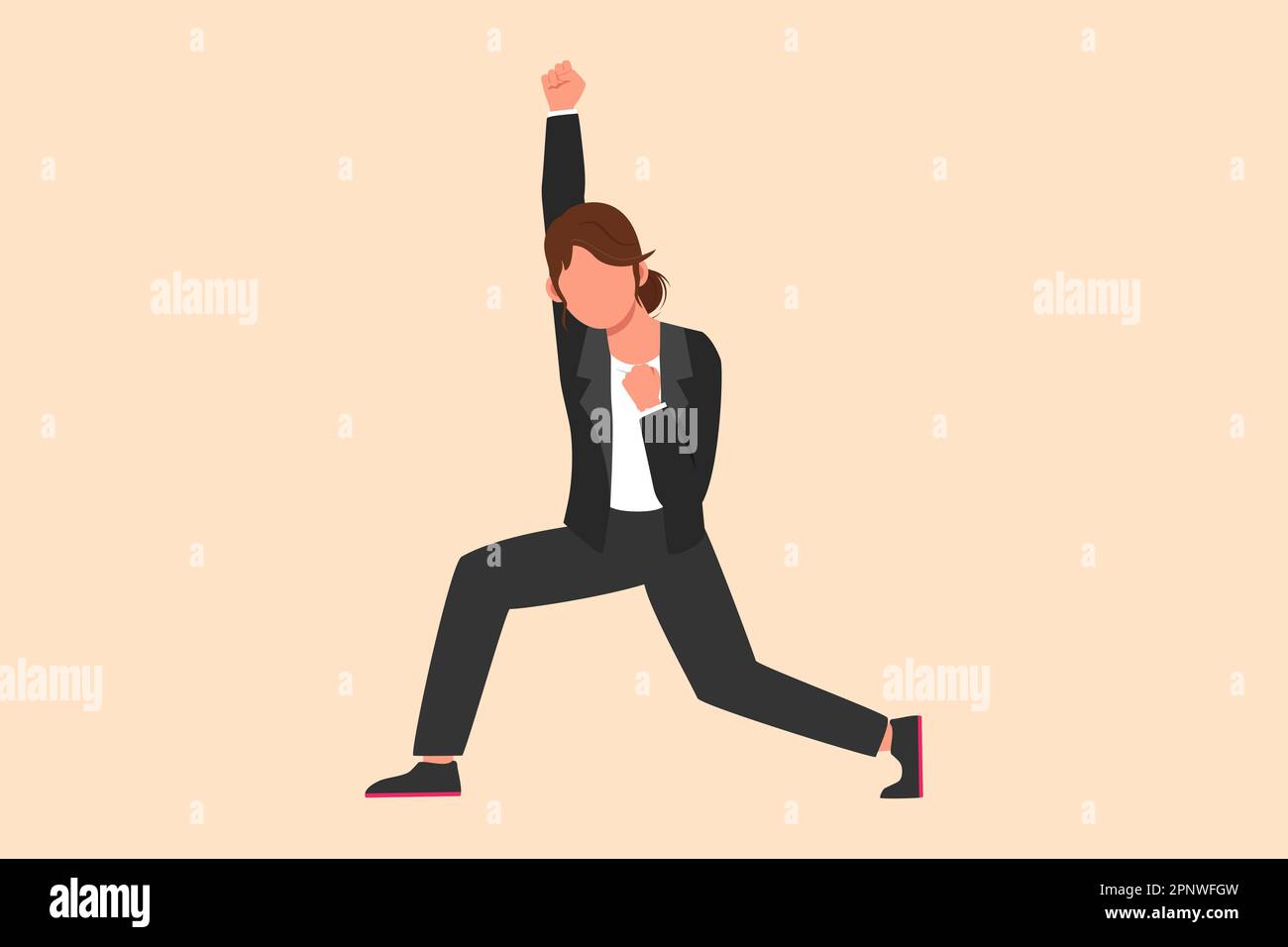 Business design disegno felice donna d'affari in piedi con sollevare una mano e l'altra mano posa sì. Beauty Office worker celebrare il successo di compan Foto Stock