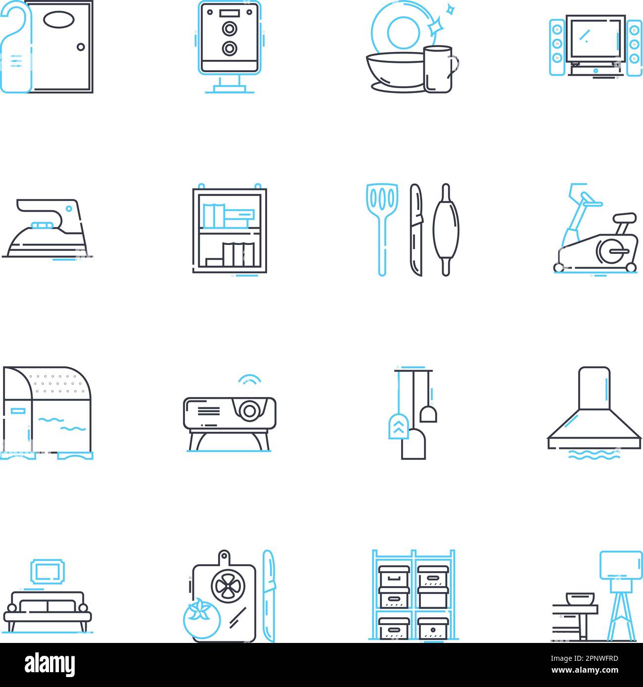 Set di icone lineari per il deposito degli arredi. Divano, sedia, tavolo, lampada, Rug, Ottomano, vettore di linea Cabinet e segnali di concetto. Libreria, cuscino, struttura letto Illustrazione Vettoriale