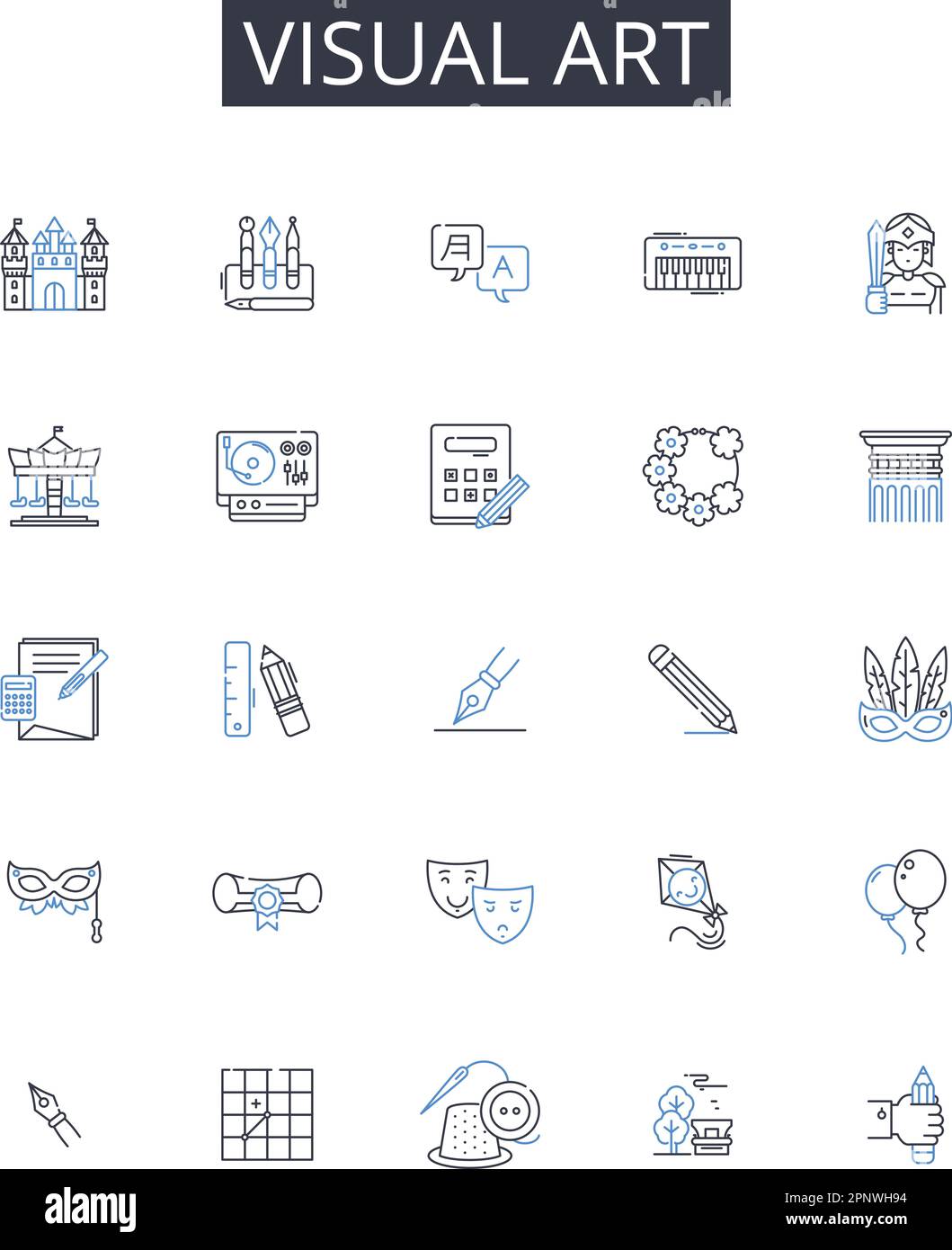 collezione di icone di linee di arte visiva. Artigianato, arti uditive, arti dello spettacolo, poesia concreta, moda di lusso, Disegno grafico, vettore di arte tessile e. Illustrazione Vettoriale