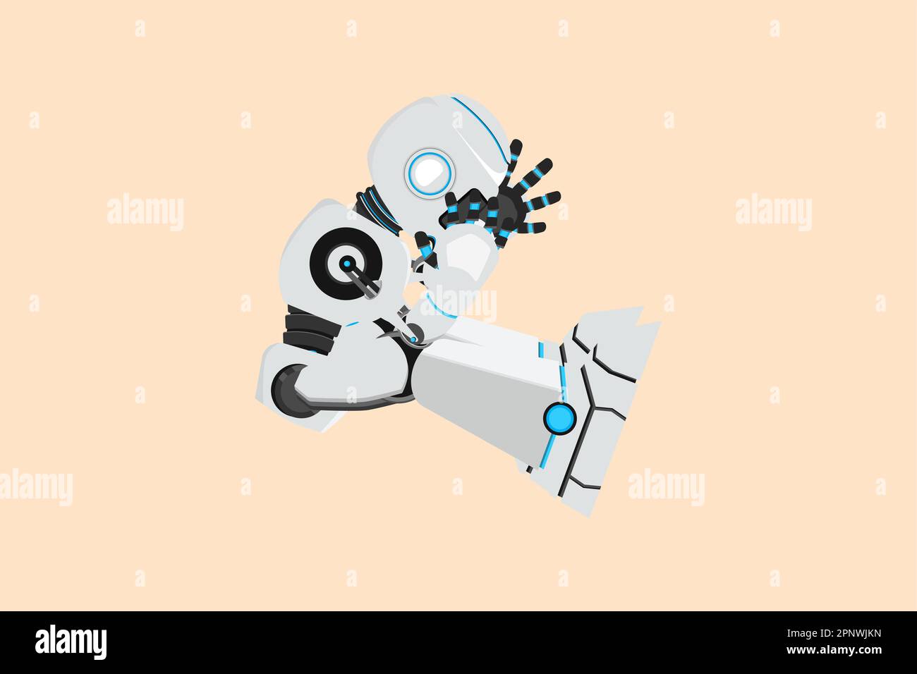 Business piano disegno depresso robot sensazione di tristezza seduta sul pavimento. Ha sottolineato cyborg perdere lavoro. Organismo cibernetico robot umanoide. Robot del futuro Foto Stock