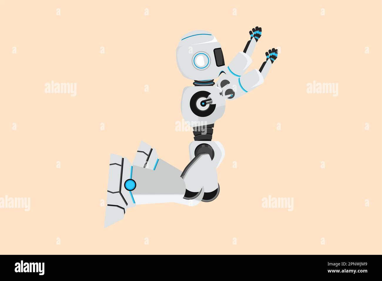 Business piano disegno depresso robot sulle ginocchia e chiedere aiuto a qualcuno. Cyborg manager in preghiera. Organismo cibernetico robot umanoide. Robot futuro Foto Stock