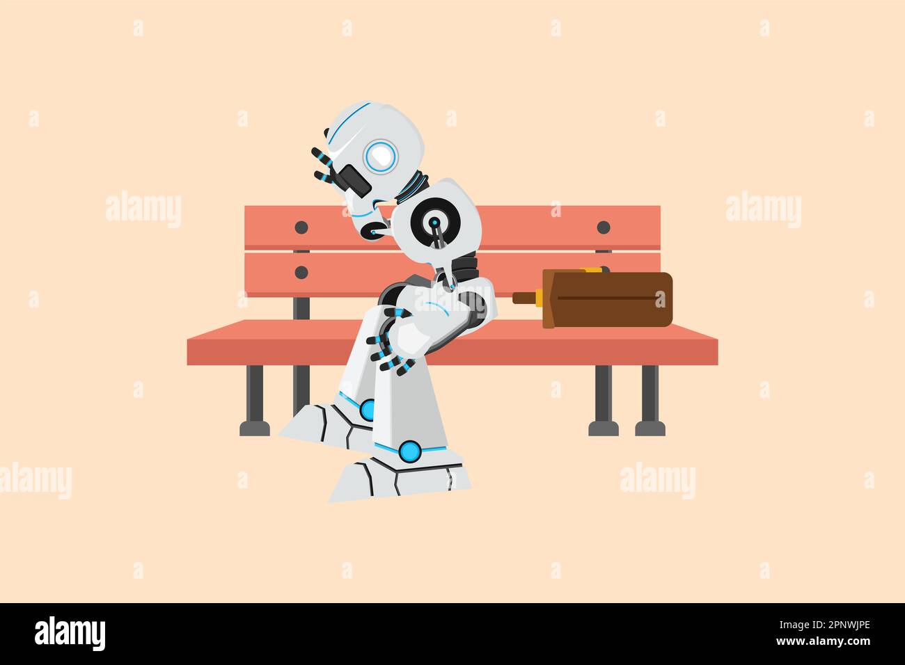 Business piano disegno depresso robot seduto al parco panca da solo. Cyborg che soffre di depressione. Organismo cibernetico robot umanoide. Robot del futuro Foto Stock