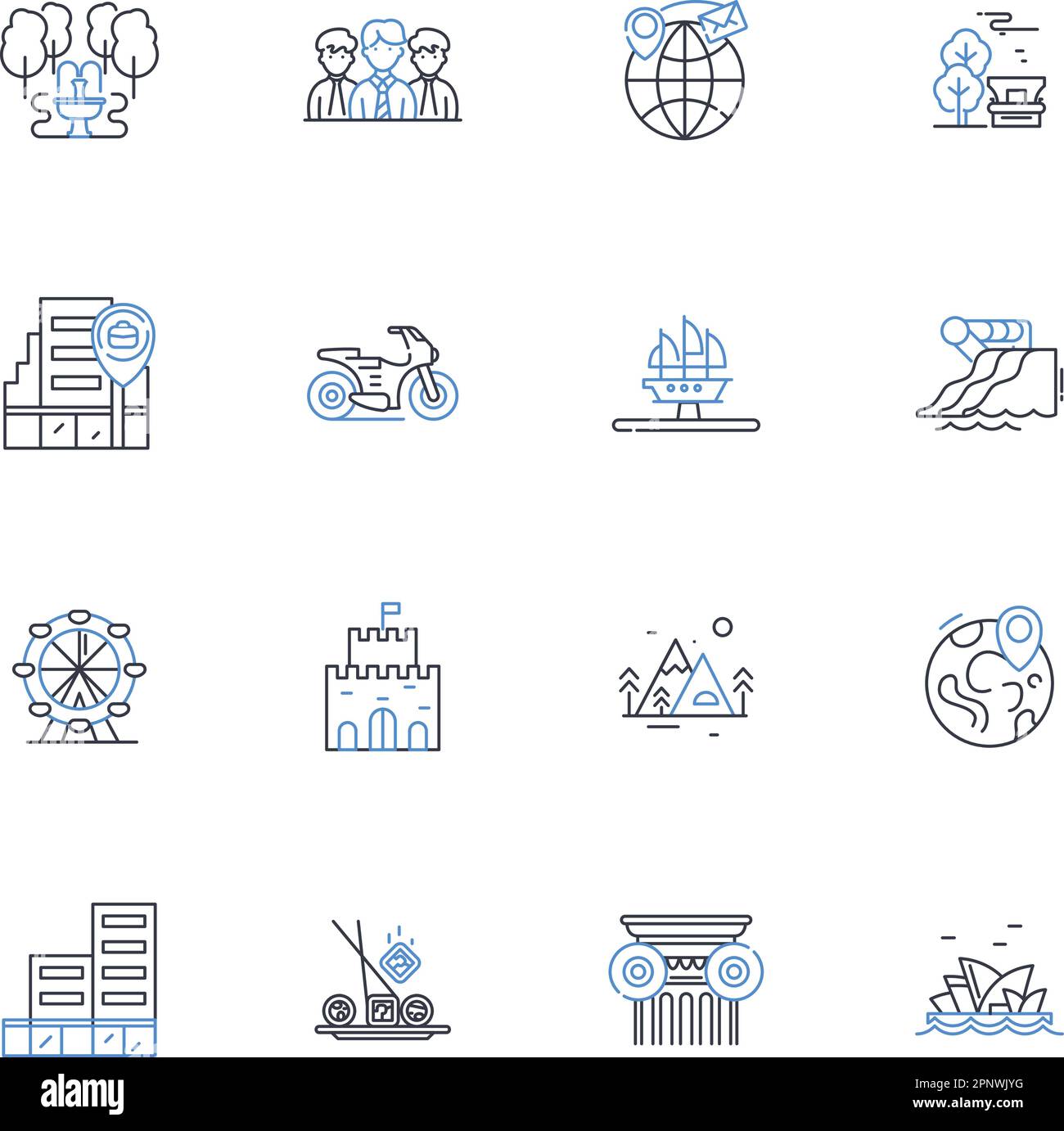 Collezione di icone della linea del quartiere del centro. Urbano, vibrante, storico, Cultura, diversità, Vita notturna, vettore di architettura e illustrazione lineare Illustrazione Vettoriale