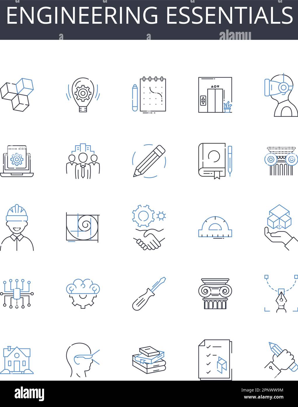 Collezione di icone della linea Engineering Essentials. Nozioni di base sulle aziende, concetti relativi ai computer, concetti di base sul marketing, termini tecnici, concetti relativi alle comunicazioni Illustrazione Vettoriale