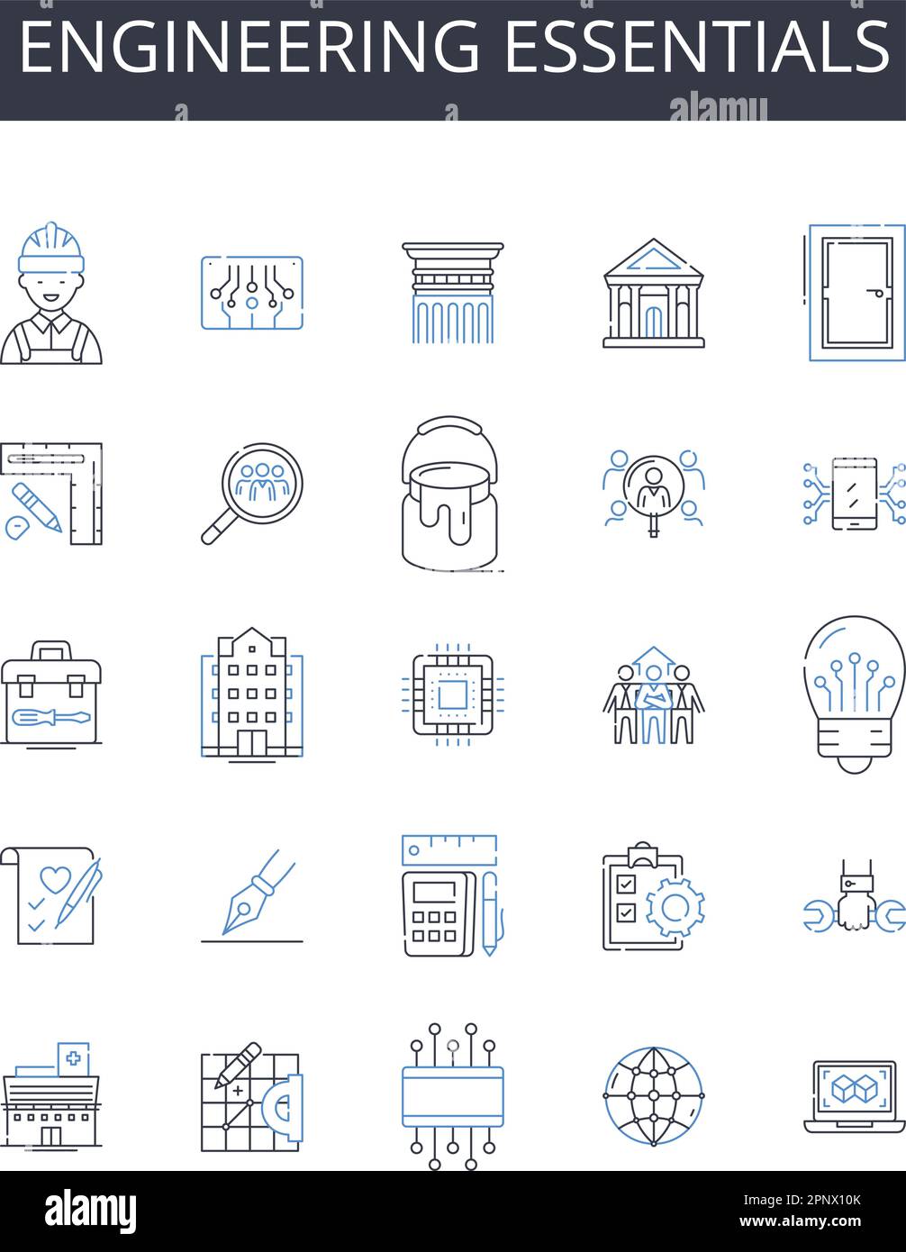 Collezione di icone della linea Engineering Essentials. Nozioni di base sulle aziende, concetti relativi ai computer, concetti di base sul marketing, termini tecnici, concetti relativi alle comunicazioni Illustrazione Vettoriale