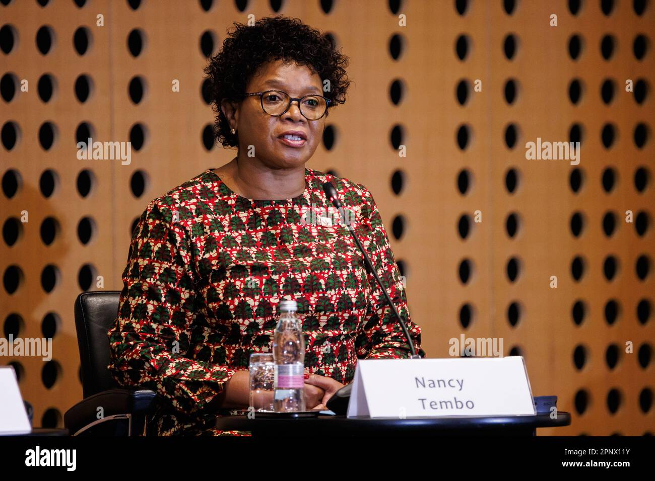 Brdo PRI Kranju, Slovenia. 20th Apr, 2023. Il ministro degli Esteri malawiano Nancy Tembo interviene in un gruppo di leader alla Conferenza Internazionale per la Giornata dell'Africa. La 12th Conferenza Internazionale Africa Day intitolata sicurezza climatica - sfide globali, azioni locali termina venerdì 21 aprile. (Foto di Luka Dakskobler/SOPA Images/Sipa USA) Credit: Sipa USA/Alamy Live News Foto Stock