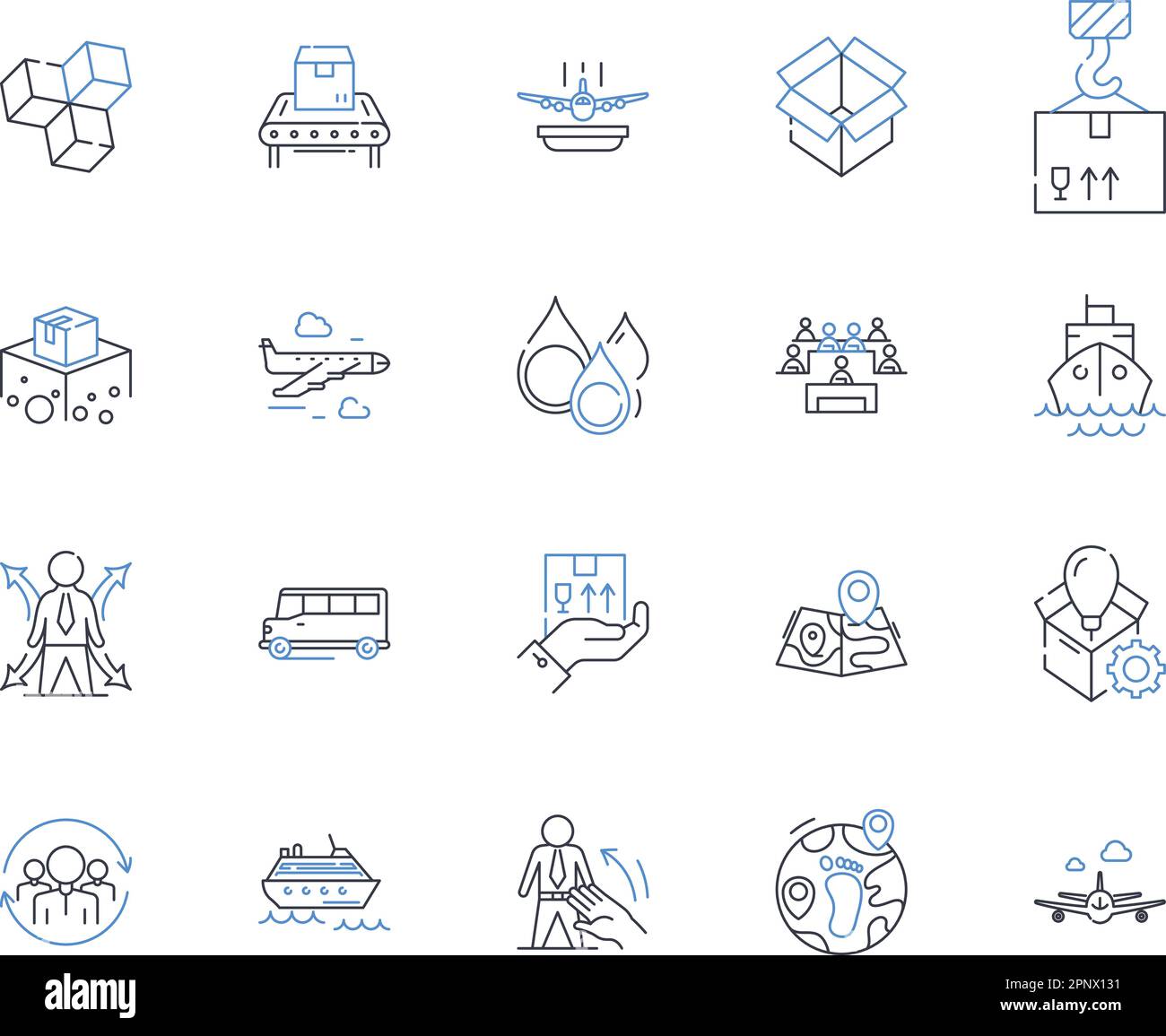 Linea di spedizione icone collezione. Container, Logistica, Cargo, navi, porti, Trasporto, vettore di spedizione e illustrazione lineare. Trasporto Illustrazione Vettoriale