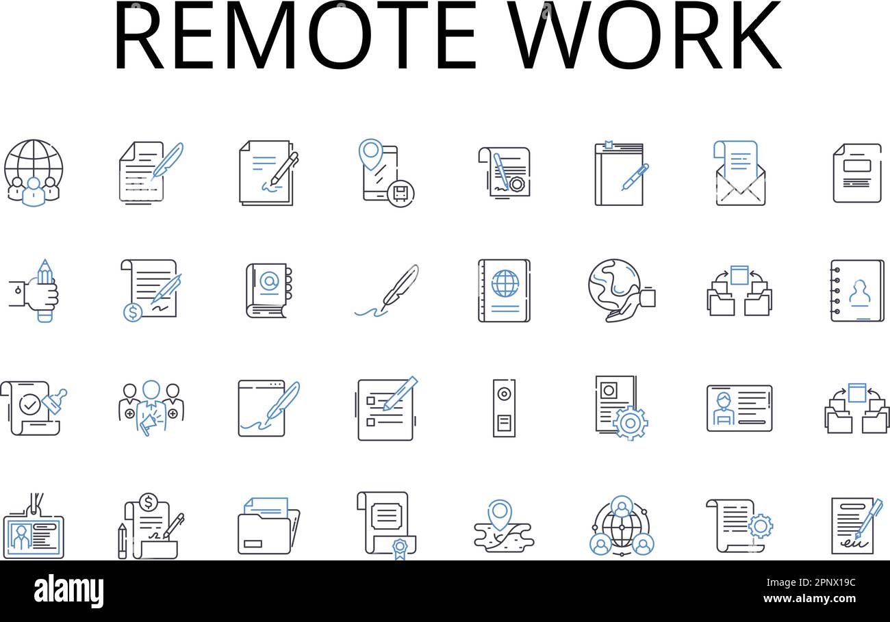 Raccolta di icone delle linee di lavoro remote. Apprendimento virtuale, acquisti online, Digital banking, gaming mobile, social nerking, Multitasking, motore di ricerca Illustrazione Vettoriale
