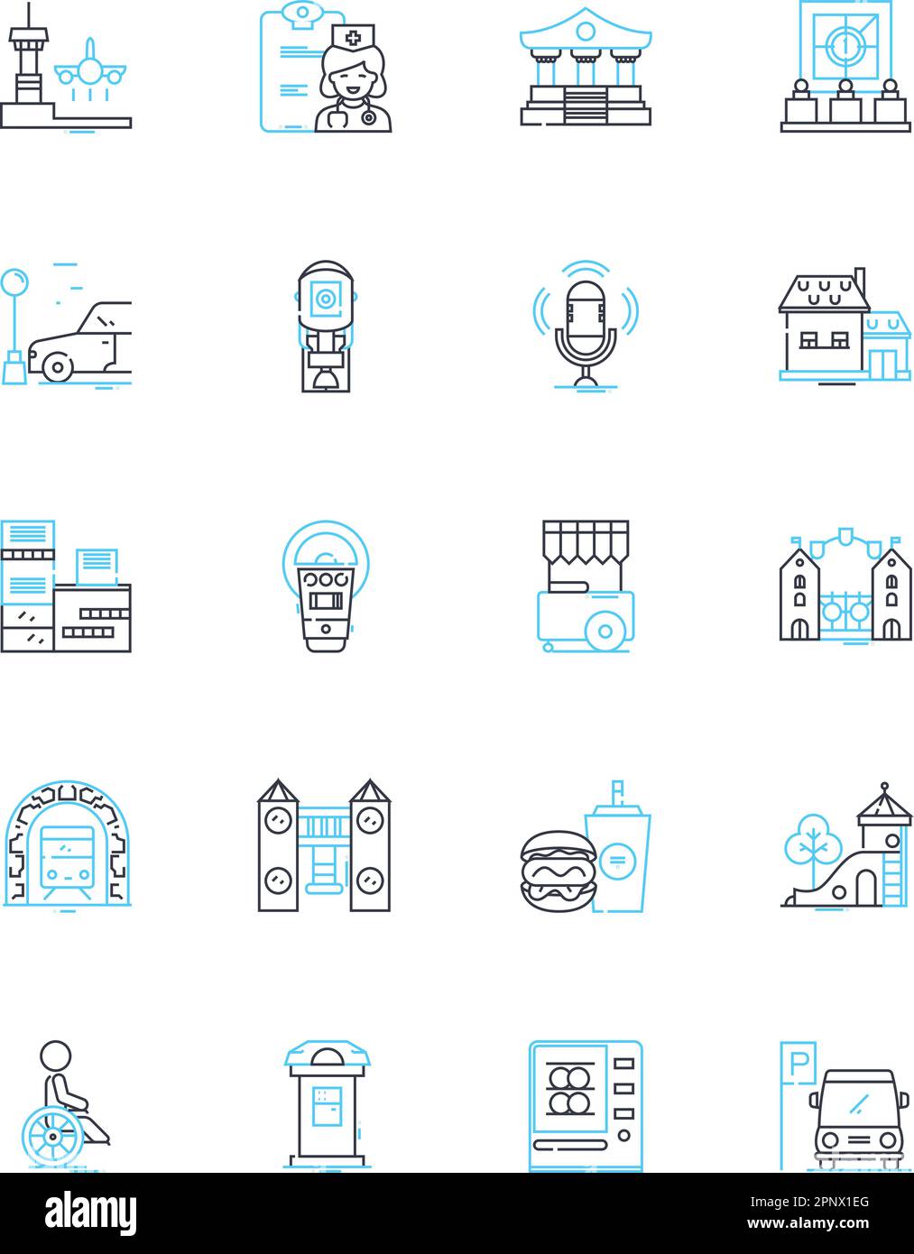 Set di icone lineari per comunità futuristiche. Utopico, Dystopico, tecnologico, ecologico, post-apocalittico, Vettore di linea progressiva, multiculturale e. Illustrazione Vettoriale