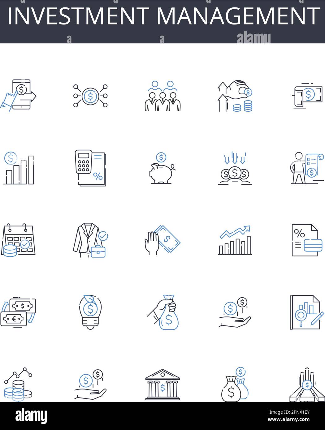 Collezione icone della linea di gestione degli investimenti. Wealth management, Asset management, Portfolio management, Financial management, My management, Capitale Illustrazione Vettoriale