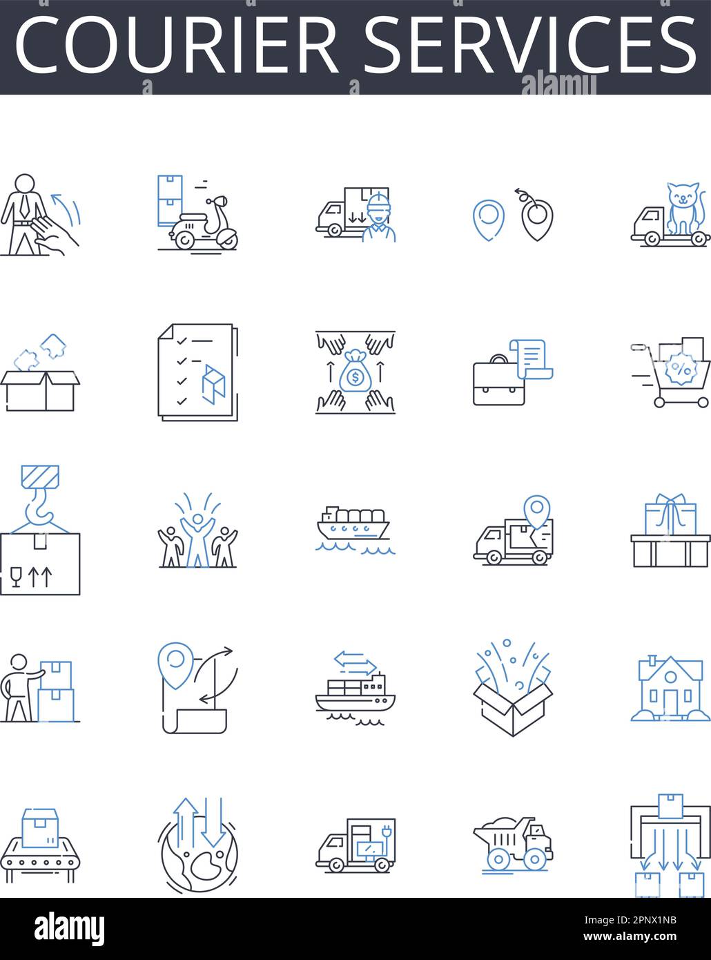 Raccolta di icone della linea dei servizi di corriere. Consegna merci, corrieri della posta, trasporti di pacchi, gestori di spedizioni, spedizioni espresse, Agenti di consegna Illustrazione Vettoriale