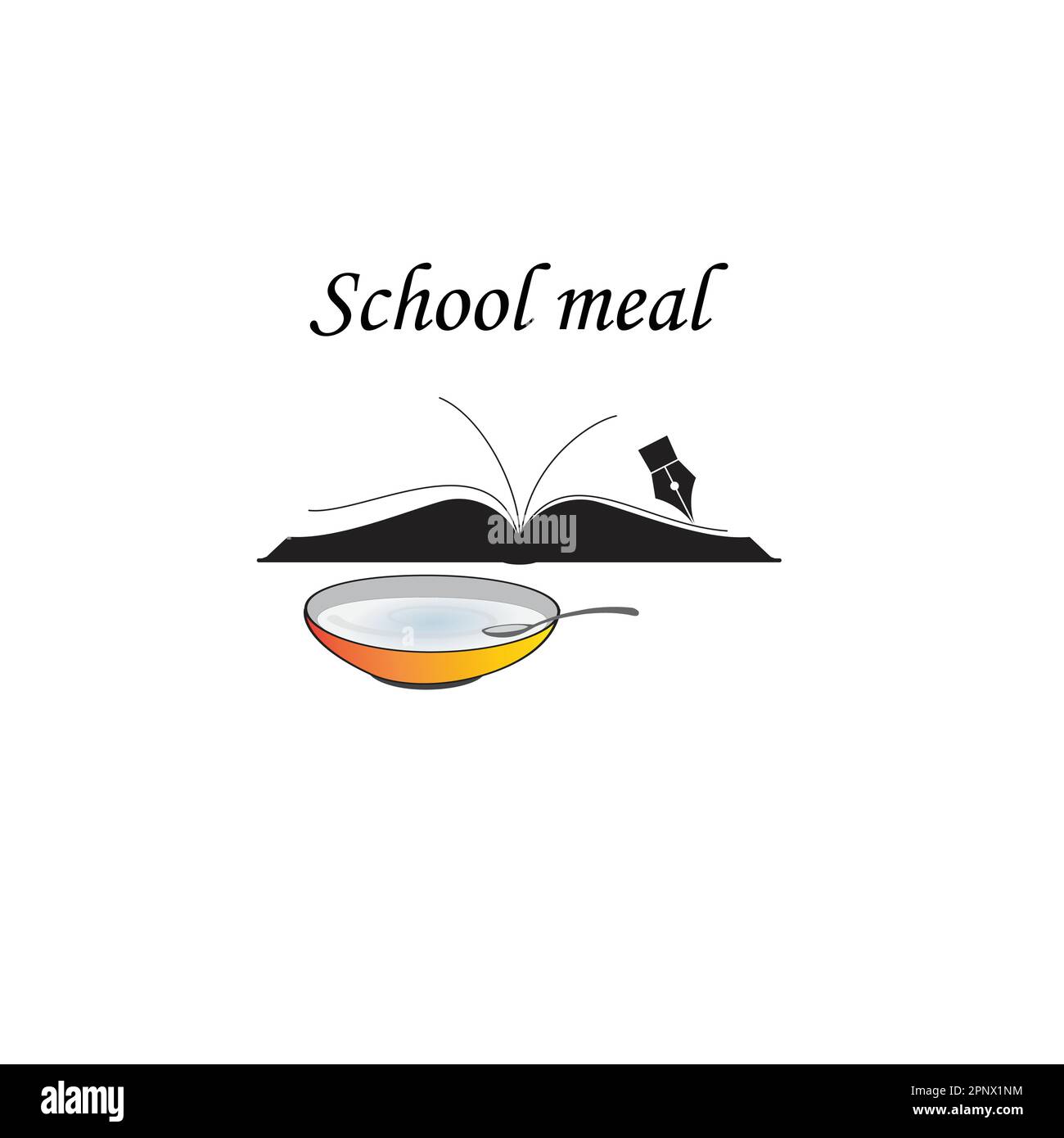Libro aperto con una ciotola di zuppa e un cucchiaio, concetto di pasto scolastico Illustrazione Vettoriale