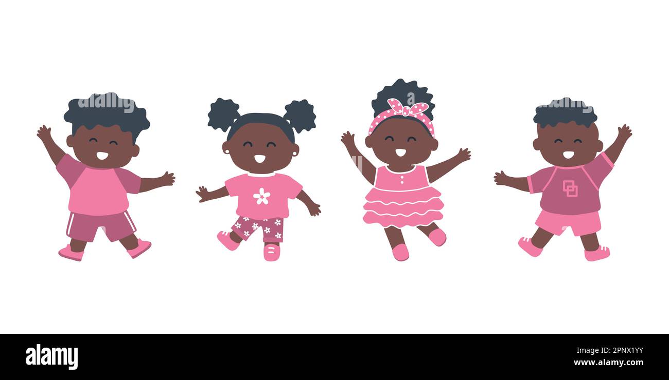 i bambini neri ballano. Gruppo di ragazze nere e ragazzi neri si divertono. Simpatici personaggi dei cartoni animati. Illustrazione vettoriale Illustrazione Vettoriale