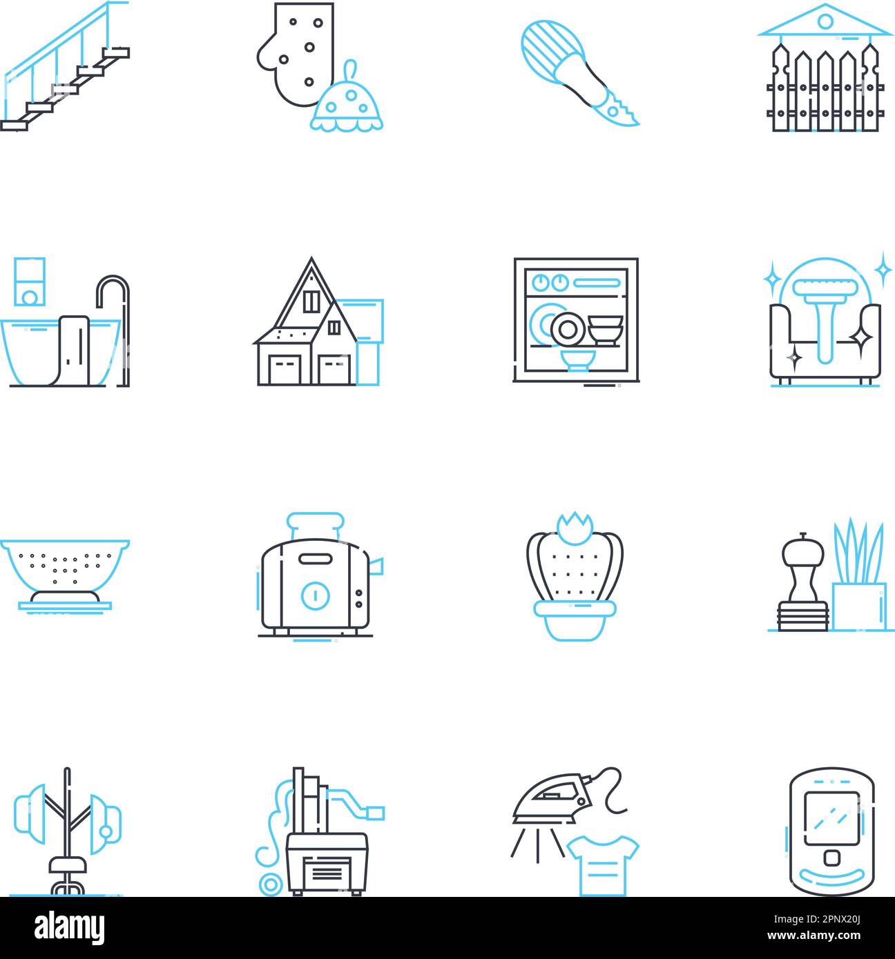 Home abbellimento icone lineari set. Arredamento, stile, Comfort, eleganza, Chic, Linee sofisticate e calde e segni concettuali. Serenità, zen, capriccio Illustrazione Vettoriale