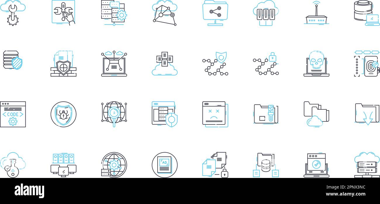 Set di icone lineari dei supporti della macchina. Robotica, automazione, intelligenza artificiale, programmazione, produzione, Vettore di linea di digitalizzazione computerizzato Illustrazione Vettoriale