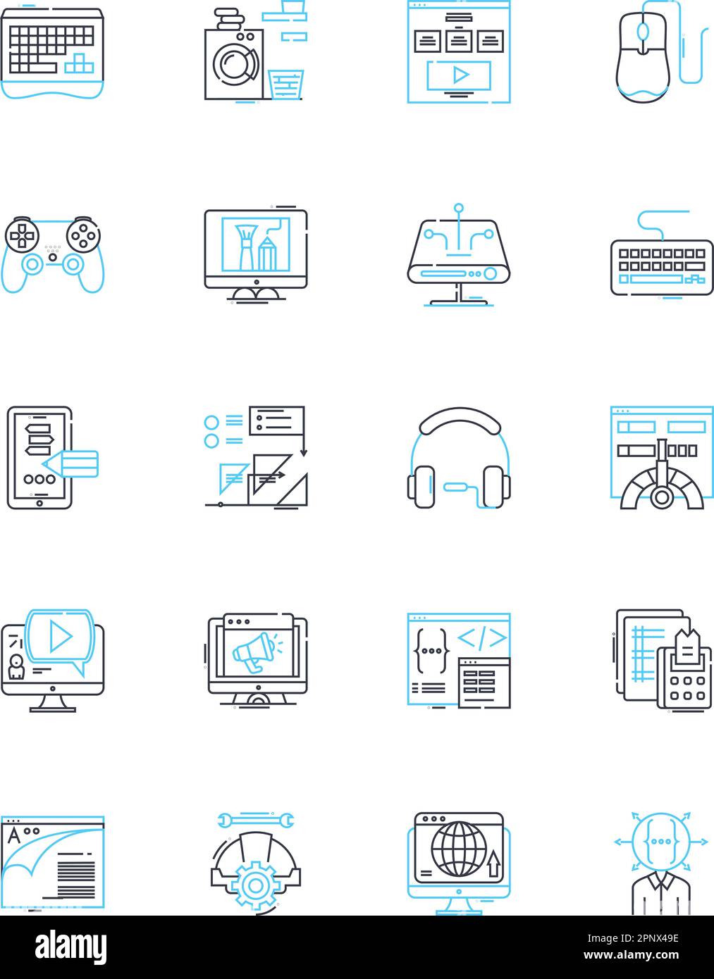 Set di icone lineari per l'Internet delle cose. Connettività, sensori, automazione, intelligenza, interconnettività, Efficienza, vettore di linea di integrazione e. Illustrazione Vettoriale