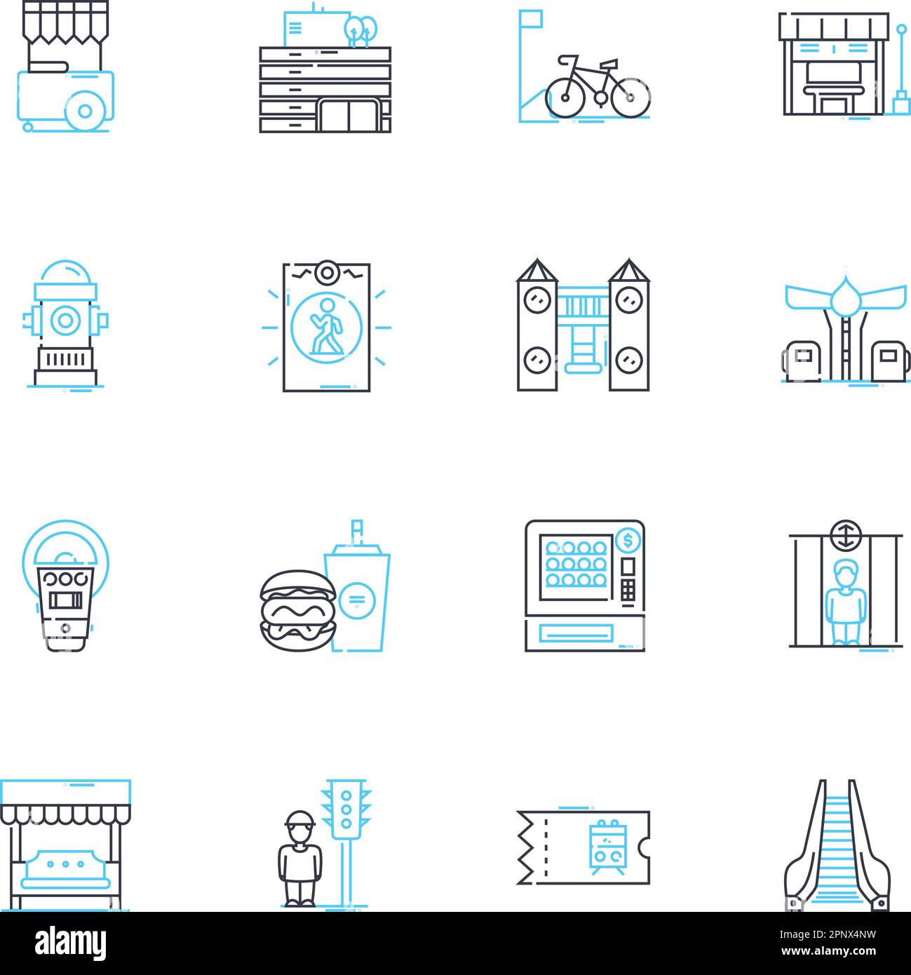 Set di icone lineari per comunità futuristiche. Utopico, Dystopico, tecnologico, ecologico, post-apocalittico, Vettore di linea progressiva, multiculturale e. Illustrazione Vettoriale