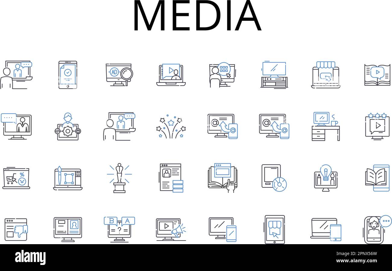 Raccolta di icone della linea multimediale. Stampa, Notizie, Giornalismo, comunicazione, Broadcast, Pubblicazione, vettore pubblicitario e illustrazione lineare. Informazioni Illustrazione Vettoriale