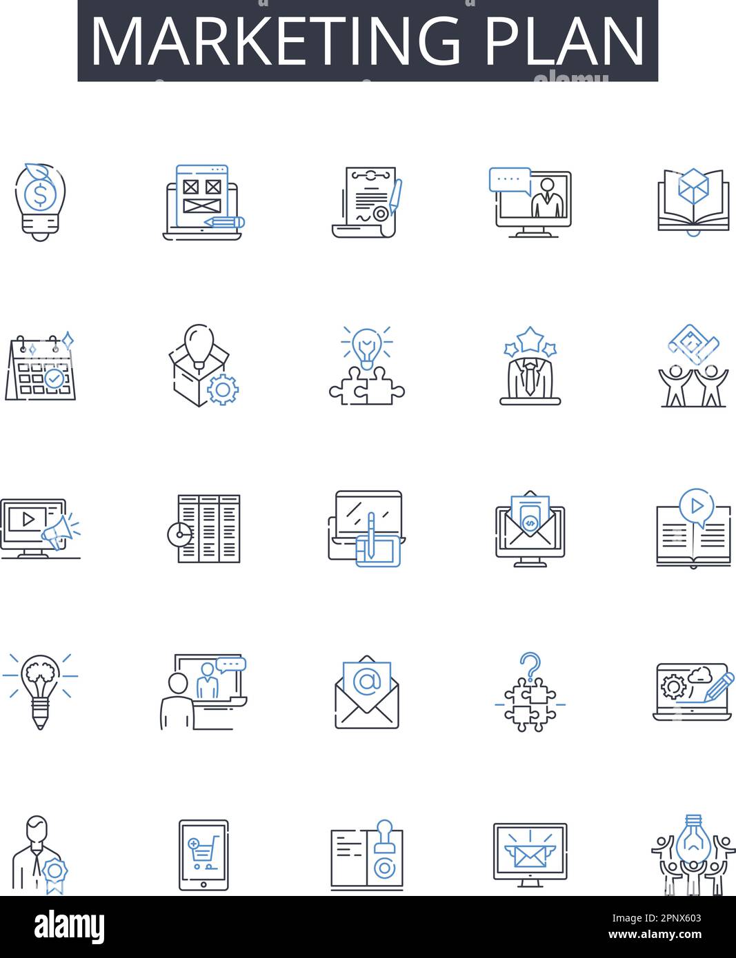 Marketing piano linea icone raccolta. Presentazione delle vendite, programma pubblicitario, tecnica promozionale, strategia del marchio, campagna pubblicitaria, Posizionamento del prodotto Illustrazione Vettoriale