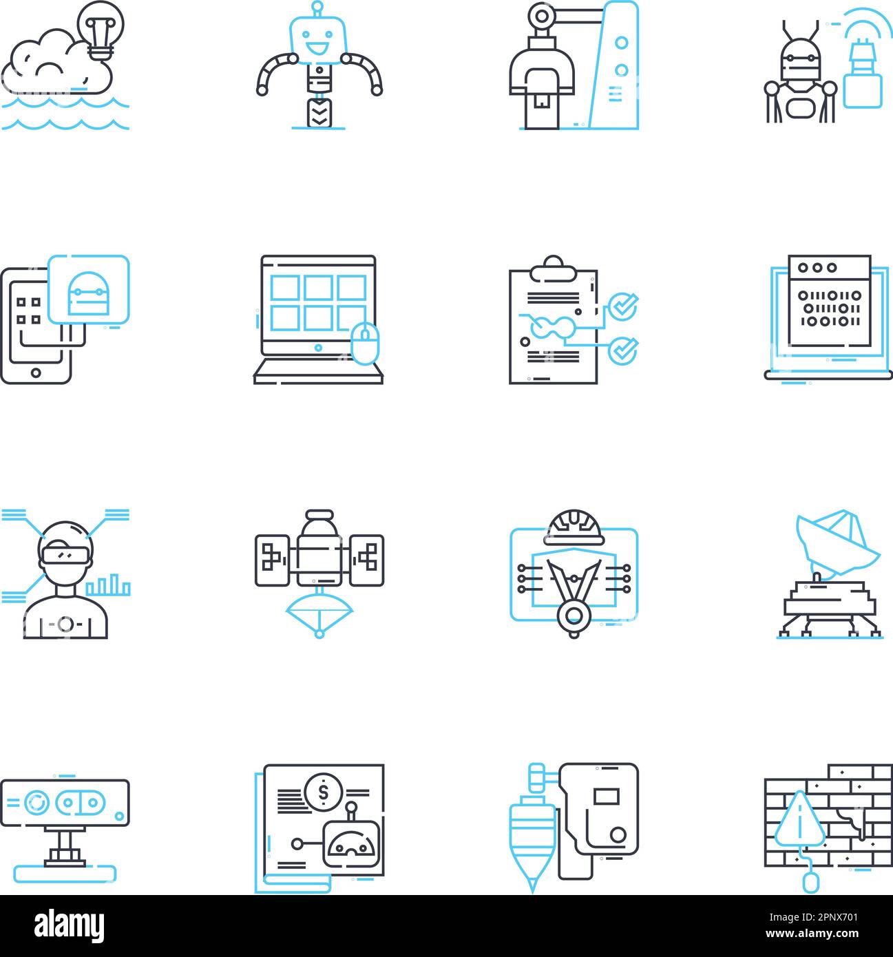 Set di icone lineari dello sviluppatore. Codifica, Software, Codebase, Debugging, architettura, Framework, vettore di linea di integrazione e segnali concettuali. Ottimizzazione Illustrazione Vettoriale