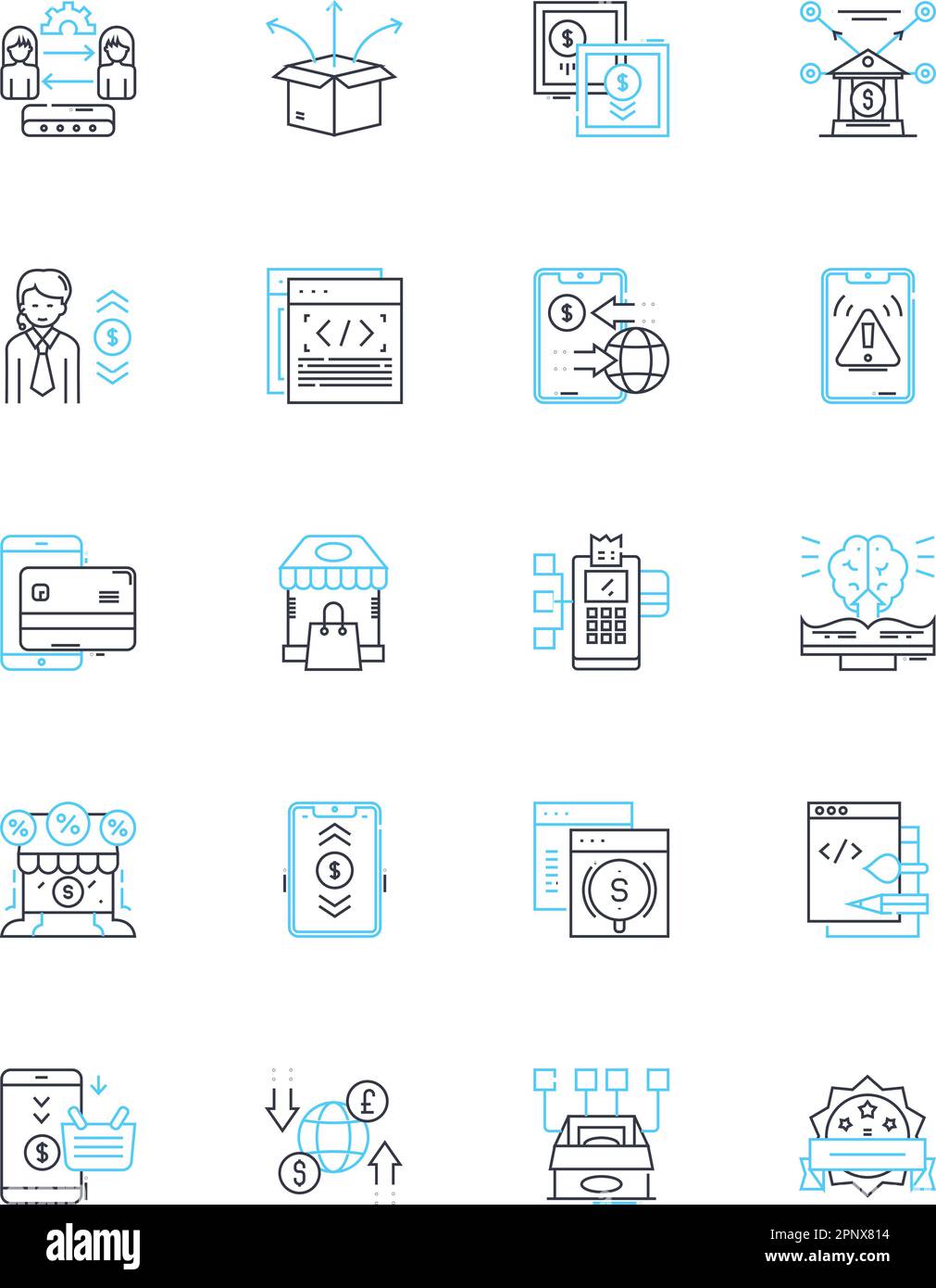 Icone lineari Cyber Economy. Digitale, Blockchain, Cryptocurrency, e-commerce, sicurezza informatica, Tecnologia, automazione di linee vettoriali e segnali concettuali Illustrazione Vettoriale