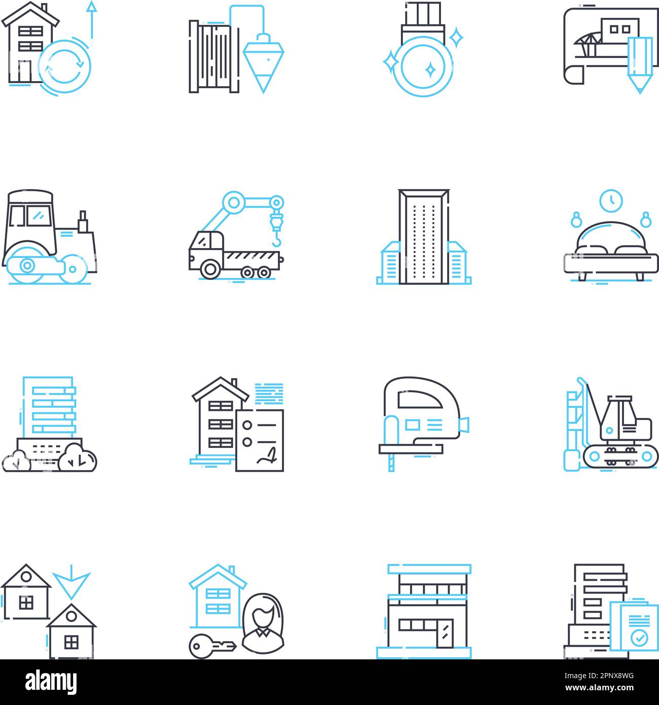 Set di icone lineari che modellano il paesaggio urbano. Architettura, urbanizzazione, grattacieli, punti di riferimento, paesaggi urbani, Infrastruttura, vettore di linea di sviluppo e. Illustrazione Vettoriale