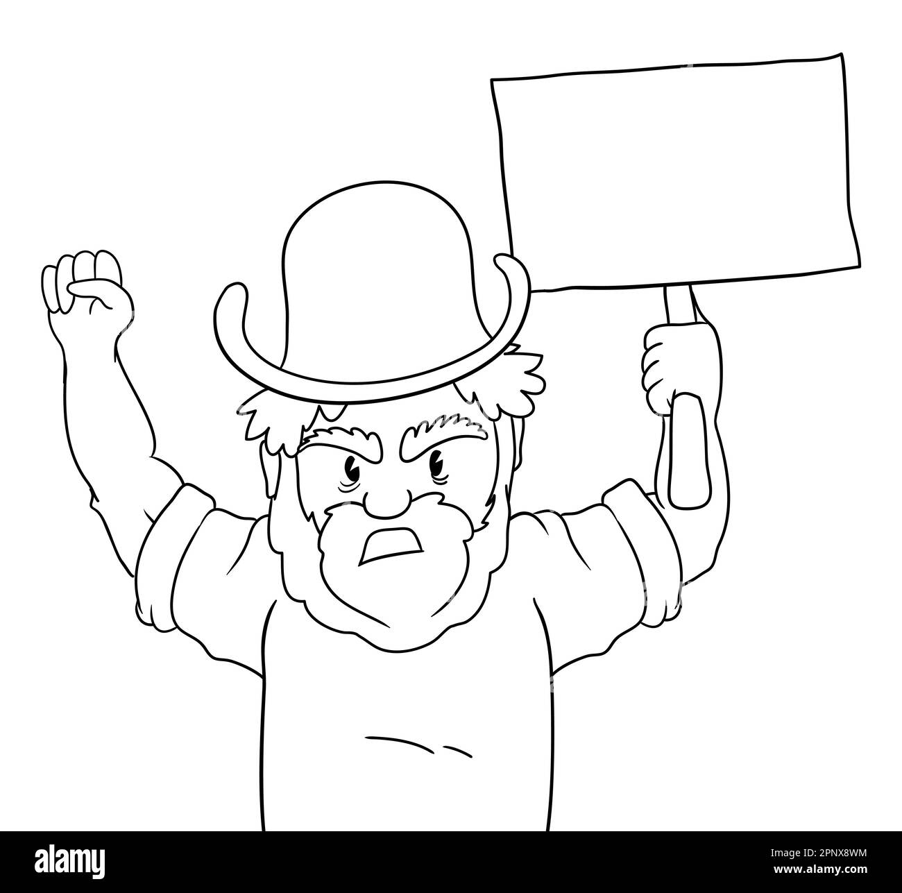 Lavoratore arrabbiato con barba, cappello, pugno sollevato e l'altro braccio che tiene una bandiera vuota per una protesta. Modello in stile retrò e contorni per la colorazione. Illustrazione Vettoriale