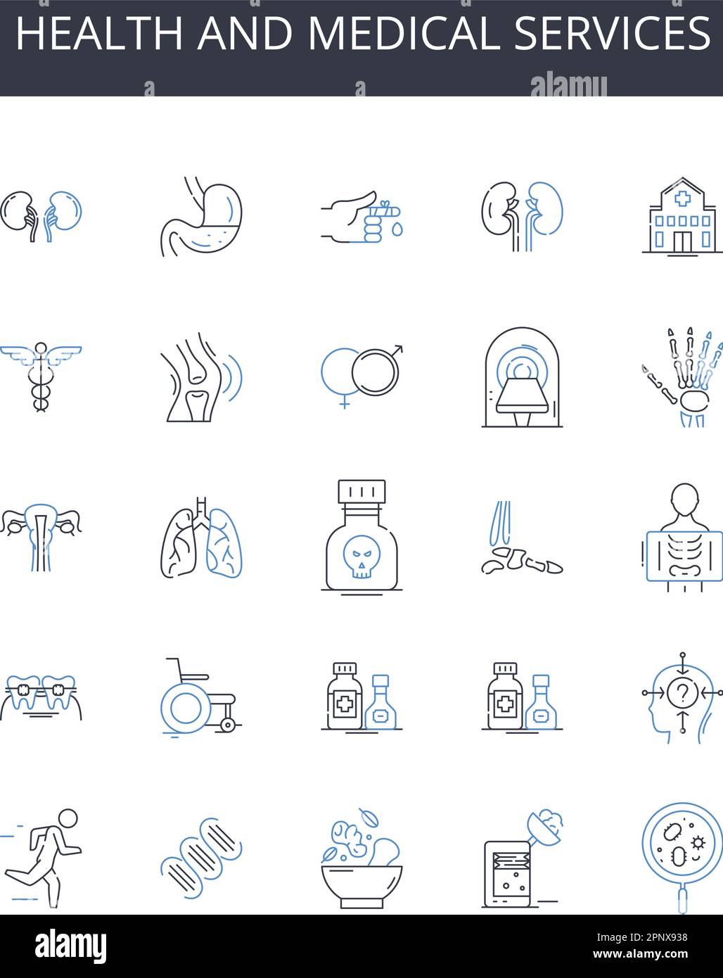 Raccolta di icone della linea di servizi sanitari e medici. Diritto e ordine, alimentazione e nutrizione, Educazione e apprendimento, Arte e cultura, Affari e Commercio Illustrazione Vettoriale