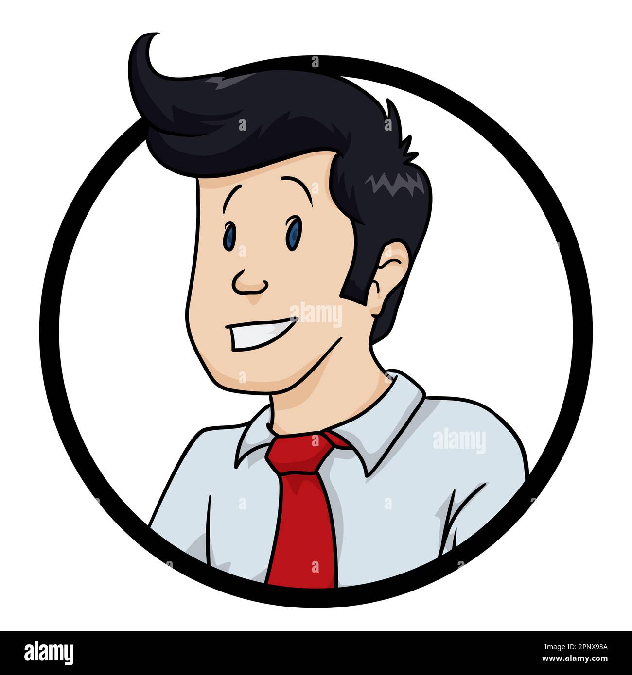 Pulsante rotondo con uomo d'affari sorridente con capelli neri e topknot, con camicia bianca e cravatta rossa. Ritratto in stile cartoon e sfondo bianco. Illustrazione Vettoriale